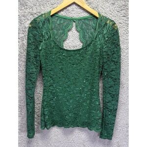 Boston Proper Womens XS Green Sequin Lace Top Open Back Shimmer Holiday Party